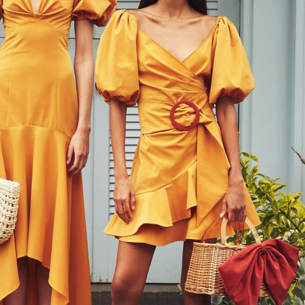 Sachin + Babi Raeann Belted Mini Wrap Dress Saffron Yellow Puff Sleeve 10 $425